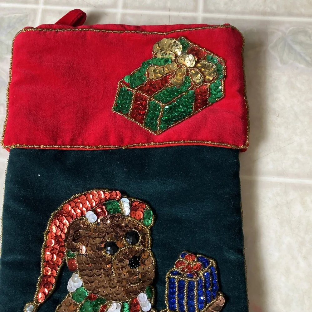 Vintage‎ Christmas Teddy Bear with Presents Velvet Sequin Stocking Maximallist